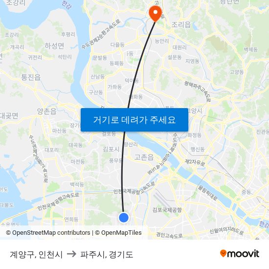 계양구, 인천시 to 파주시, 경기도 map