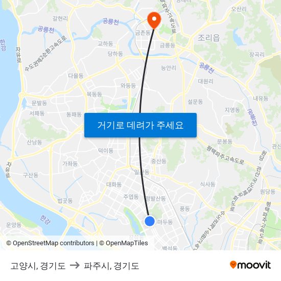 고양시, 경기도 to 파주시, 경기도 map