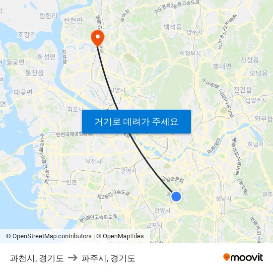 과천시, 경기도 to 파주시, 경기도 map