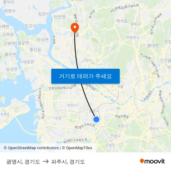 광명시, 경기도 to 파주시, 경기도 map