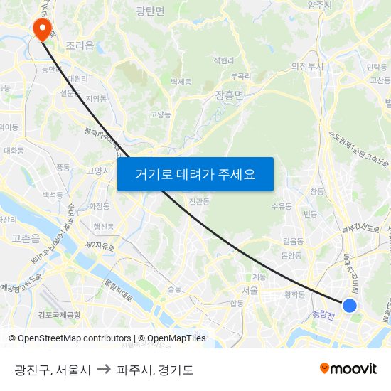 광진구, 서울시 to 파주시, 경기도 map