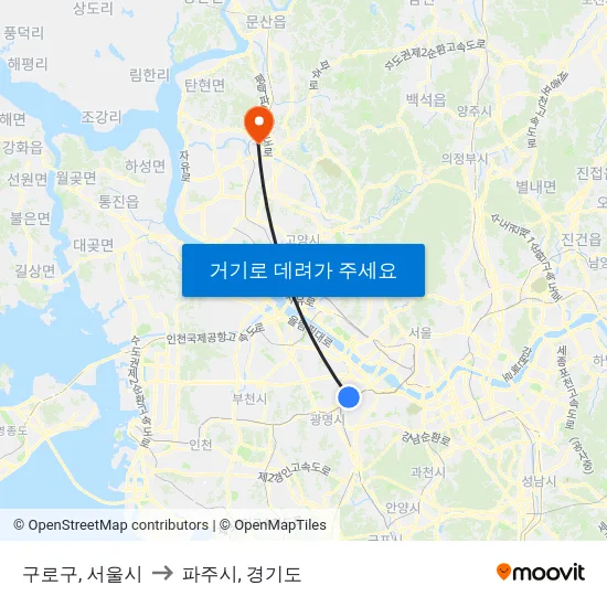 구로구, 서울시 to 파주시, 경기도 map