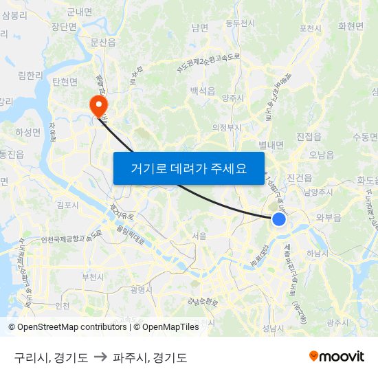 구리시, 경기도 to 파주시, 경기도 map