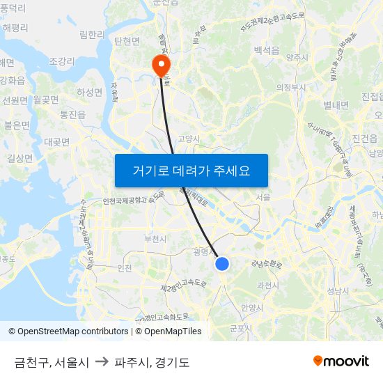 금천구, 서울시 to 파주시, 경기도 map