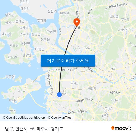 남구, 인천시 to 파주시, 경기도 map