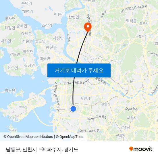 남동구, 인천시 to 파주시, 경기도 map