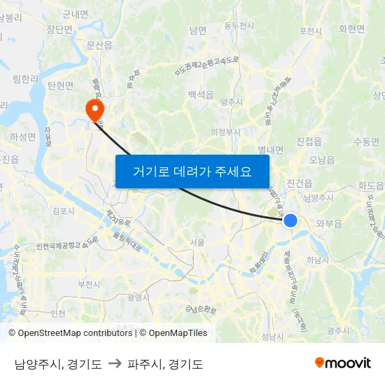 남양주시, 경기도 to 파주시, 경기도 map