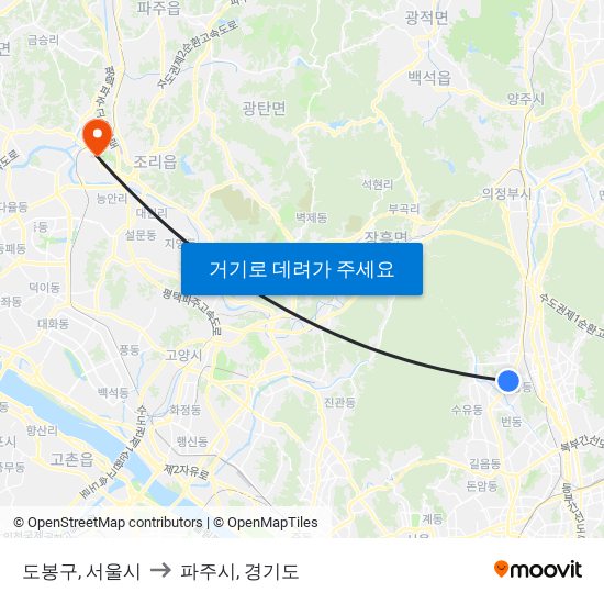 도봉구, 서울시 to 파주시, 경기도 map