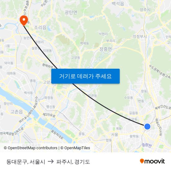 동대문구, 서울시 to 파주시, 경기도 map