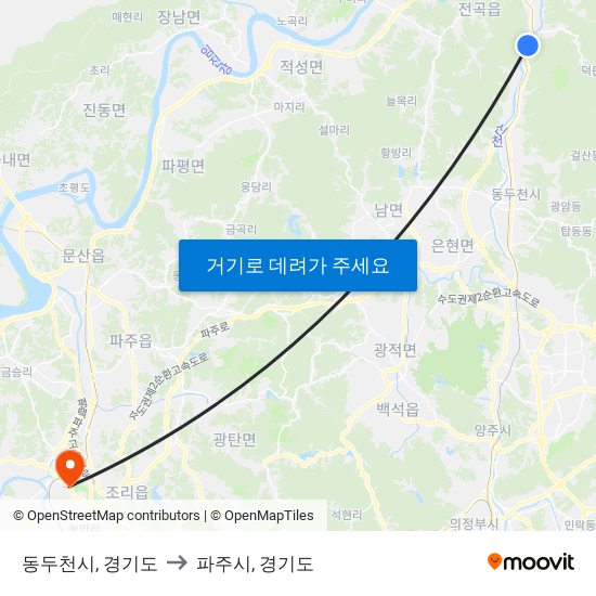 동두천시, 경기도 to 파주시, 경기도 map