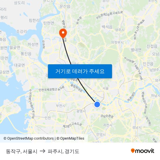 동작구, 서울시 to 파주시, 경기도 map