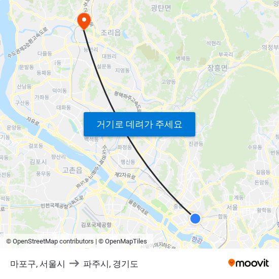 마포구, 서울시 to 파주시, 경기도 map