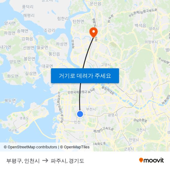 부평구, 인천시 to 파주시, 경기도 map