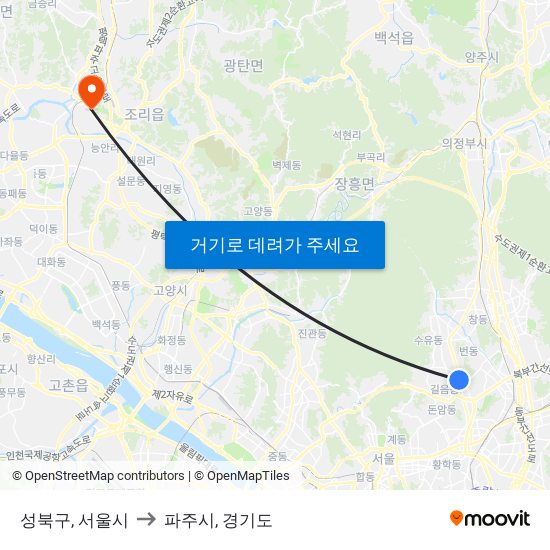 성북구, 서울시 to 파주시, 경기도 map