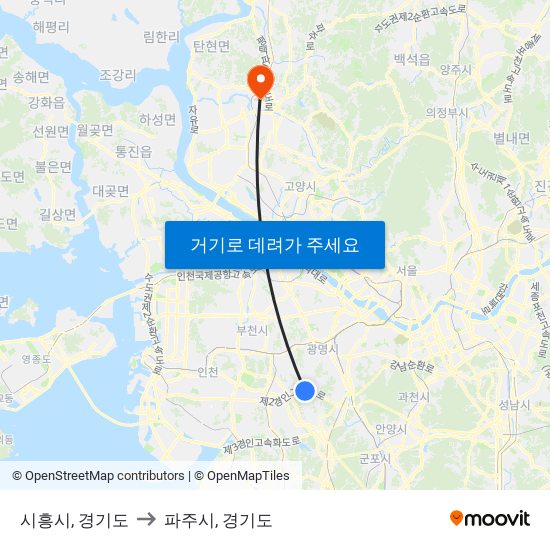 시흥시, 경기도 to 파주시, 경기도 map