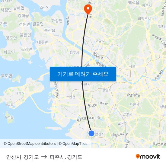 안산시, 경기도 to 파주시, 경기도 map