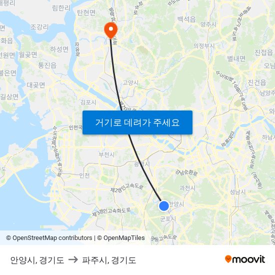 안양시, 경기도 to 파주시, 경기도 map