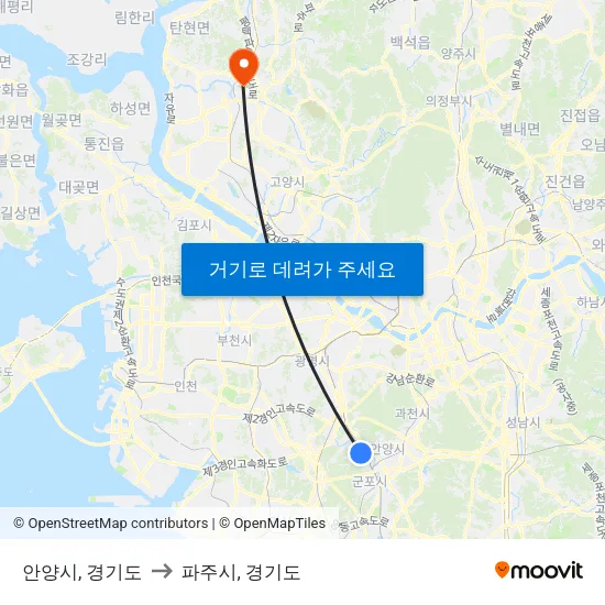 안양시, 경기도 to 파주시, 경기도 map
