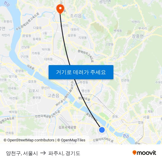 양천구, 서울시 to 파주시, 경기도 map