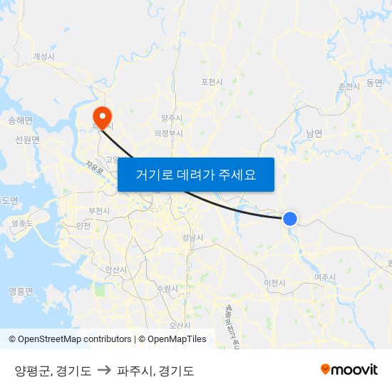 양평군, 경기도 to 파주시, 경기도 map