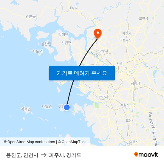 옹진군, 인천시 to 파주시, 경기도 map