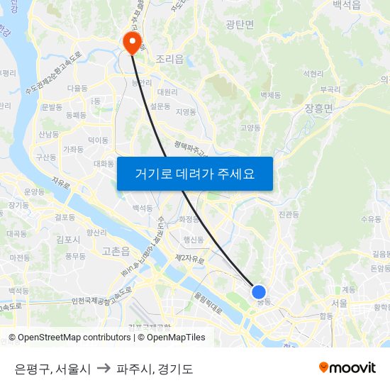 은평구, 서울시 to 파주시, 경기도 map