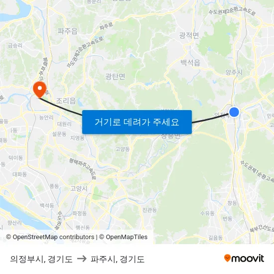 의정부시, 경기도 to 파주시, 경기도 map