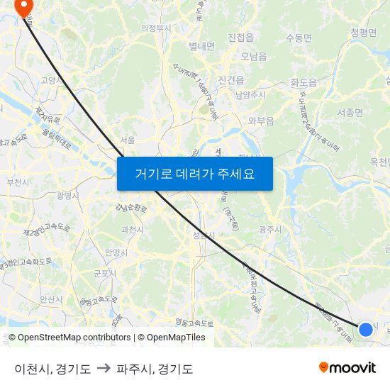 이천시, 경기도 to 파주시, 경기도 map