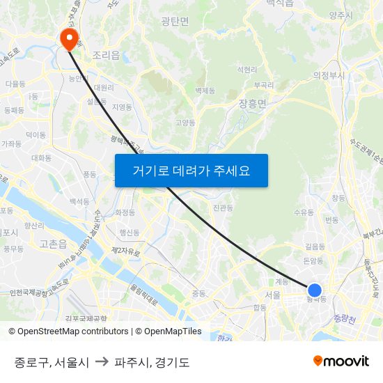 종로구, 서울시 to 파주시, 경기도 map