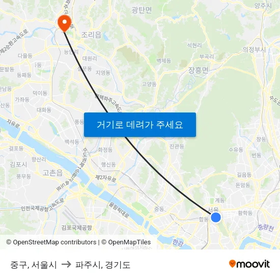 중구, 서울시 to 파주시, 경기도 map