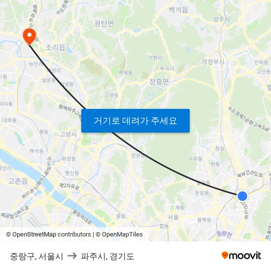 중랑구, 서울시 to 파주시, 경기도 map