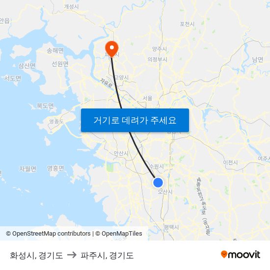 화성시, 경기도 to 파주시, 경기도 map