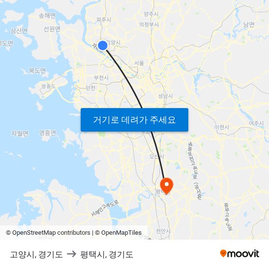 고양시, 경기도 to 평택시, 경기도 map