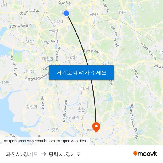 과천시, 경기도 to 평택시, 경기도 map