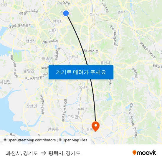 과천시, 경기도 to 평택시, 경기도 map