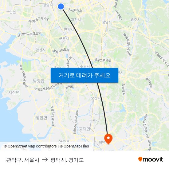 관악구, 서울시 to 평택시, 경기도 map