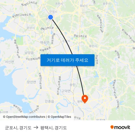 군포시, 경기도 to 평택시, 경기도 map