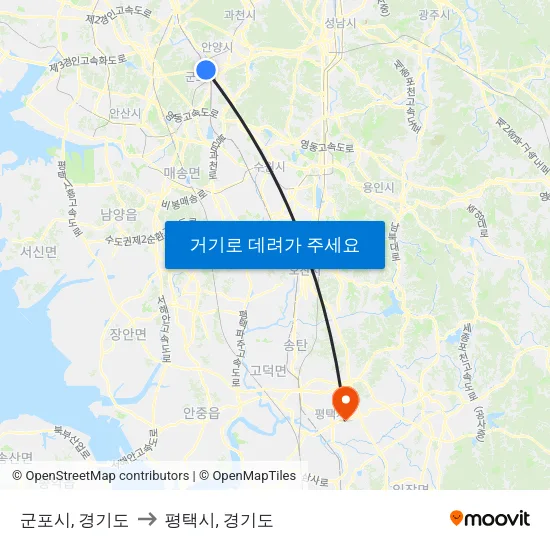 군포시, 경기도 to 평택시, 경기도 map
