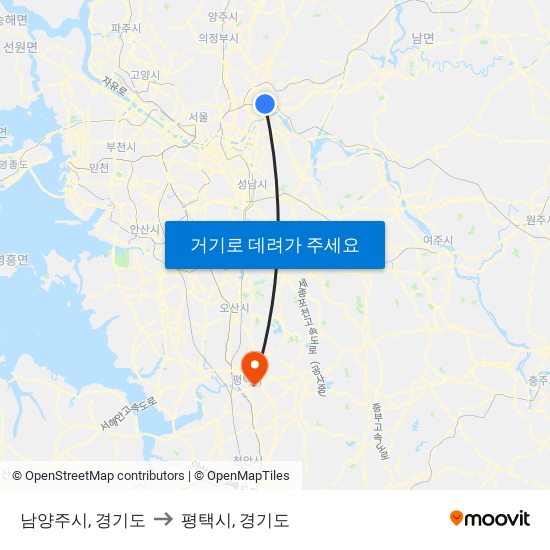 남양주시, 경기도 to 평택시, 경기도 map