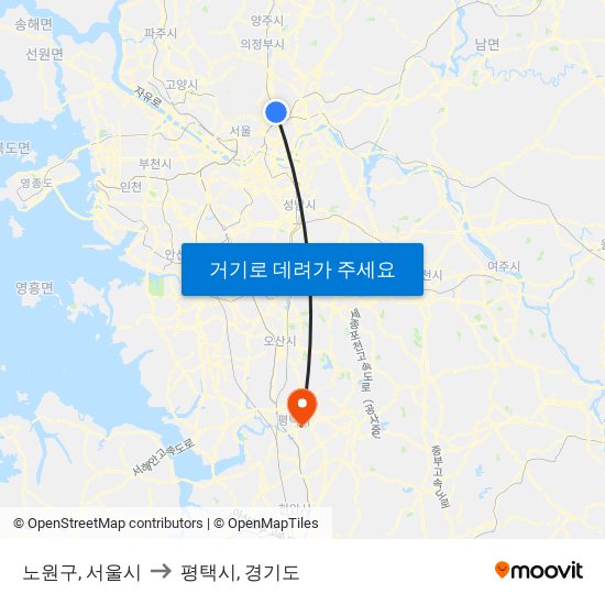 노원구, 서울시 to 평택시, 경기도 map