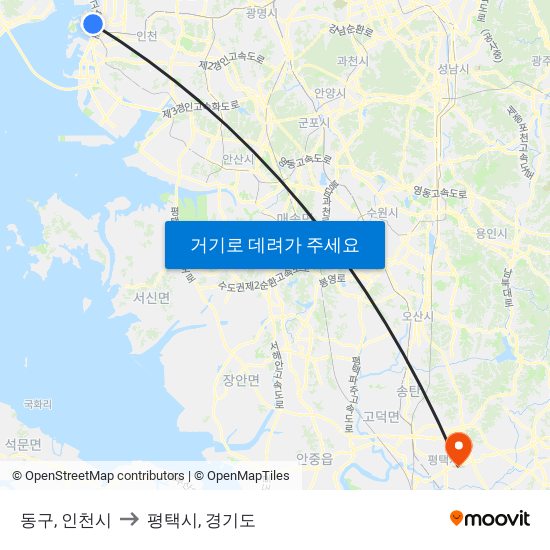 동구, 인천시 to 평택시, 경기도 map