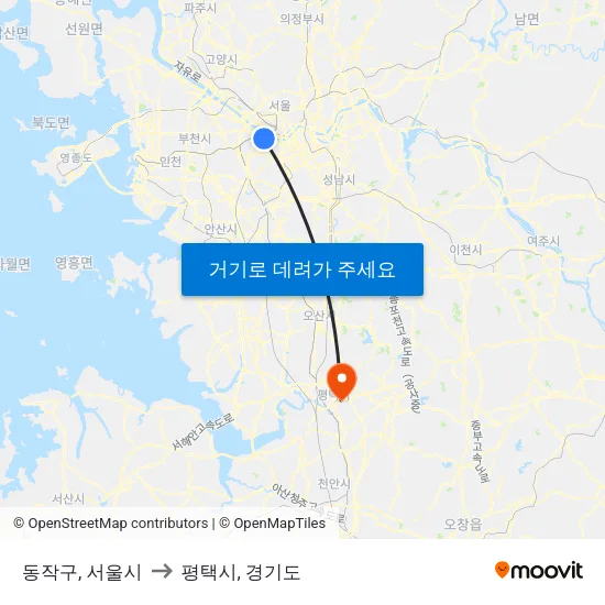 동작구, 서울시 to 평택시, 경기도 map