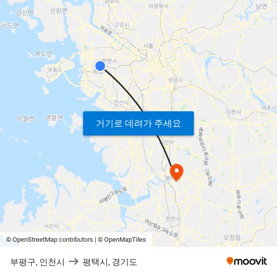 부평구, 인천시 to 평택시, 경기도 map