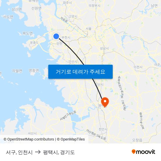 서구, 인천시 to 평택시, 경기도 map