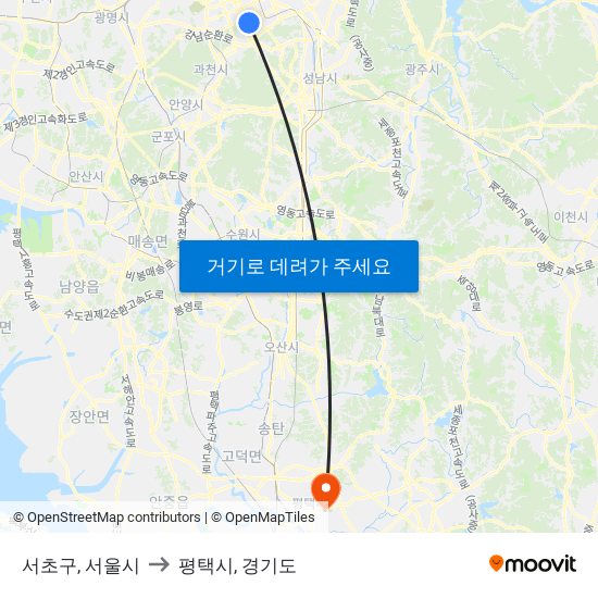 서초구, 서울시 to 평택시, 경기도 map
