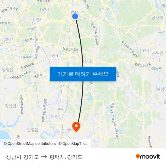 성남시, 경기도 to 평택시, 경기도 map