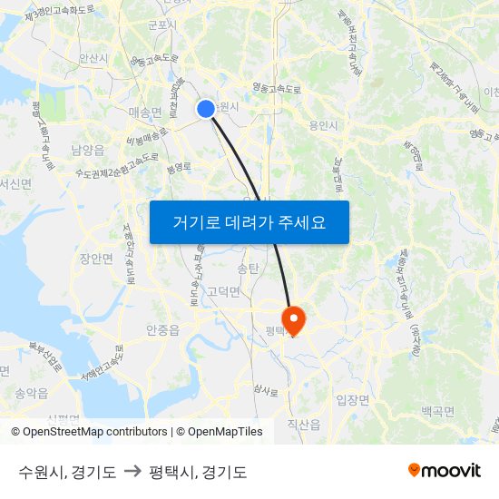 수원시, 경기도 to 평택시, 경기도 map