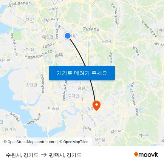 수원시, 경기도 to 평택시, 경기도 map