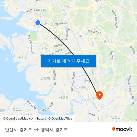 안산시, 경기도 to 평택시, 경기도 map