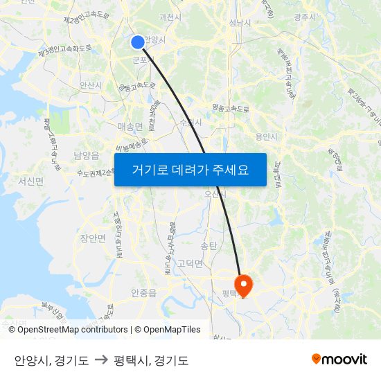 안양시, 경기도 to 평택시, 경기도 map